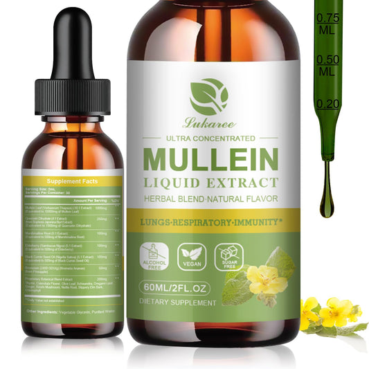 Mullein Liquid Drops for Lungs Cleanse, Vegan Mullein Leaf Extract Tincture with Quercetin, Elderberry, Black Seed Oil, Slippery Elm Bark, Chlorophyll, Support Lung Detox, Immune, Respiratory - 2 fl oz