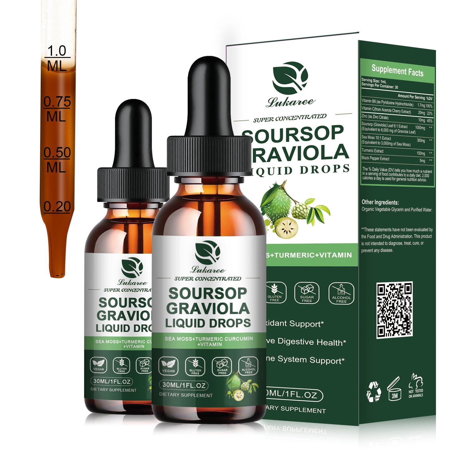 (2 Pack) Organic Soursop Graviola Leaf Extract Liquid Drop Plus Pure Botanical Sea Moss for Cell Support & Regeneration, Immunity, Liver, Sleep & Antioxidant - 7-in-1 Soursop Bitters Liquid, 1 Fl Oz