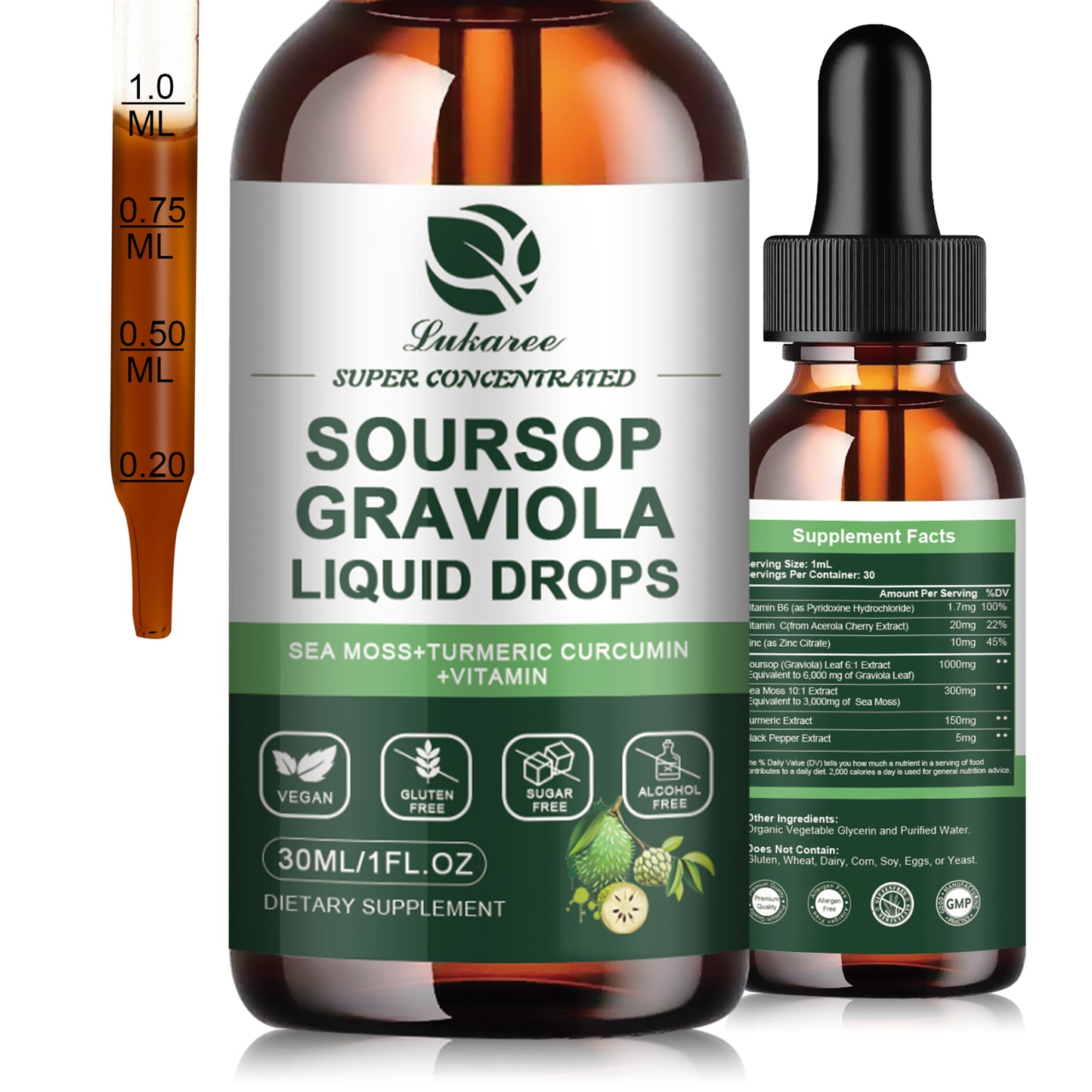 (2 Pack) Organic Soursop Graviola Leaf Extract Liquid Drop Plus Pure Botanical Sea Moss for Cell Support & Regeneration, Immunity, Liver, Sleep & Antioxidant - 7-in-1 Soursop Bitters Liquid, 1 Fl Oz