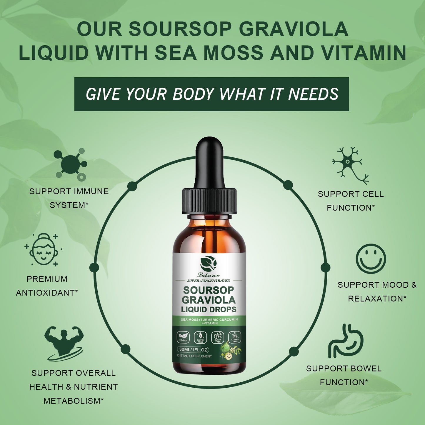 (2 Pack) Organic Soursop Graviola Leaf Extract Liquid Drop Plus Pure Botanical Sea Moss for Cell Support & Regeneration, Immunity, Liver, Sleep & Antioxidant - 7-in-1 Soursop Bitters Liquid, 1 Fl Oz