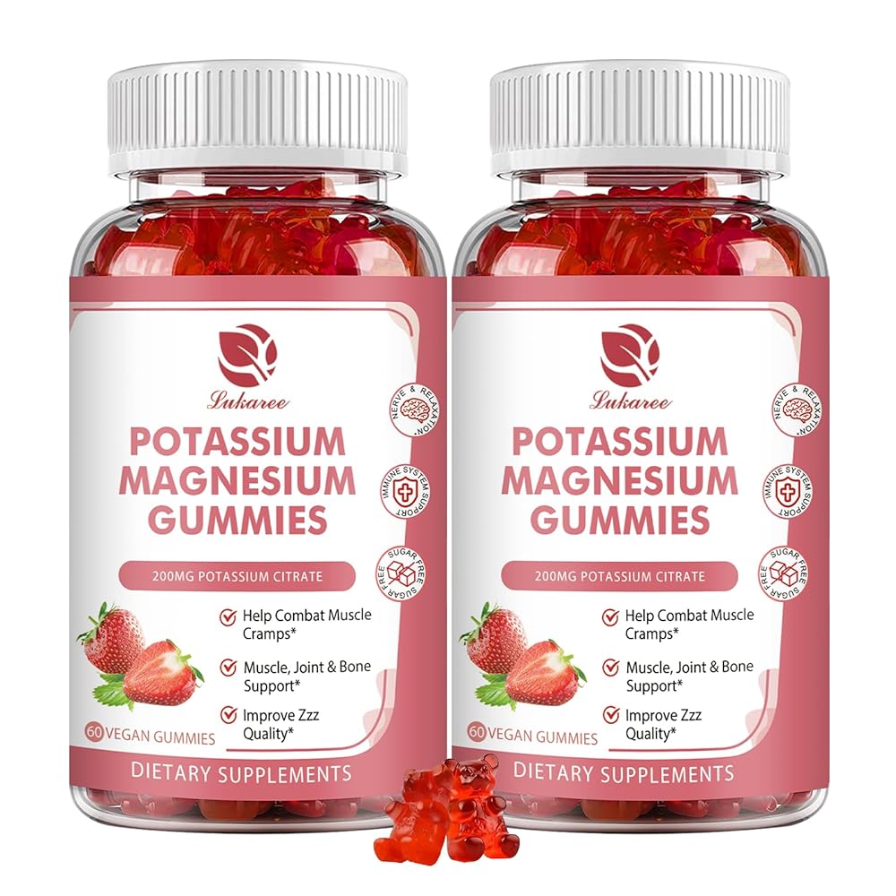 Potassium Magnesium Gummies - High Absorption Magnesium Glycinate 500mg & Potassium Citrate 200mg Plus Omega 3, B6, D3, K2 & Calcium - Chewable Gummy for Leg Cramps, Calm Mood & Energy - 60 Count