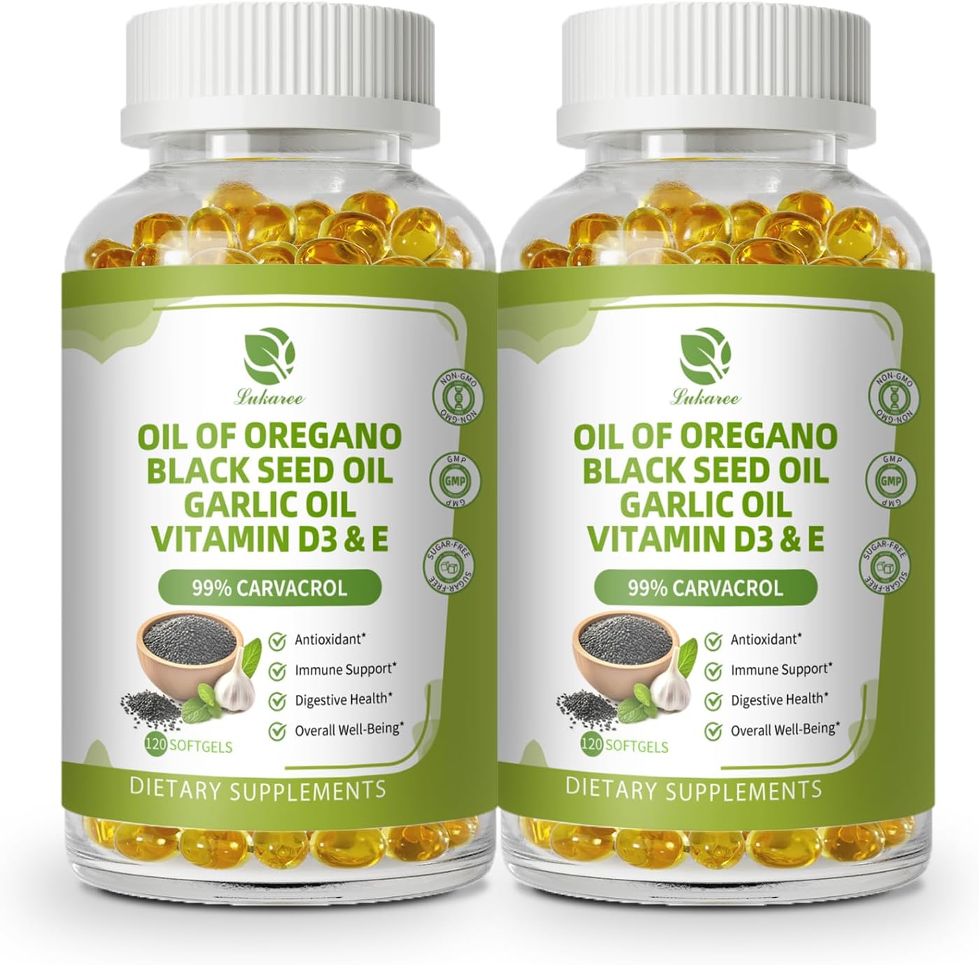 Oregano Oil Capsules Organic with Black Seed Oil, Garlic Oil, Vitamin D3 E, 99% High Concentrated Carvacrol - Antioxidant