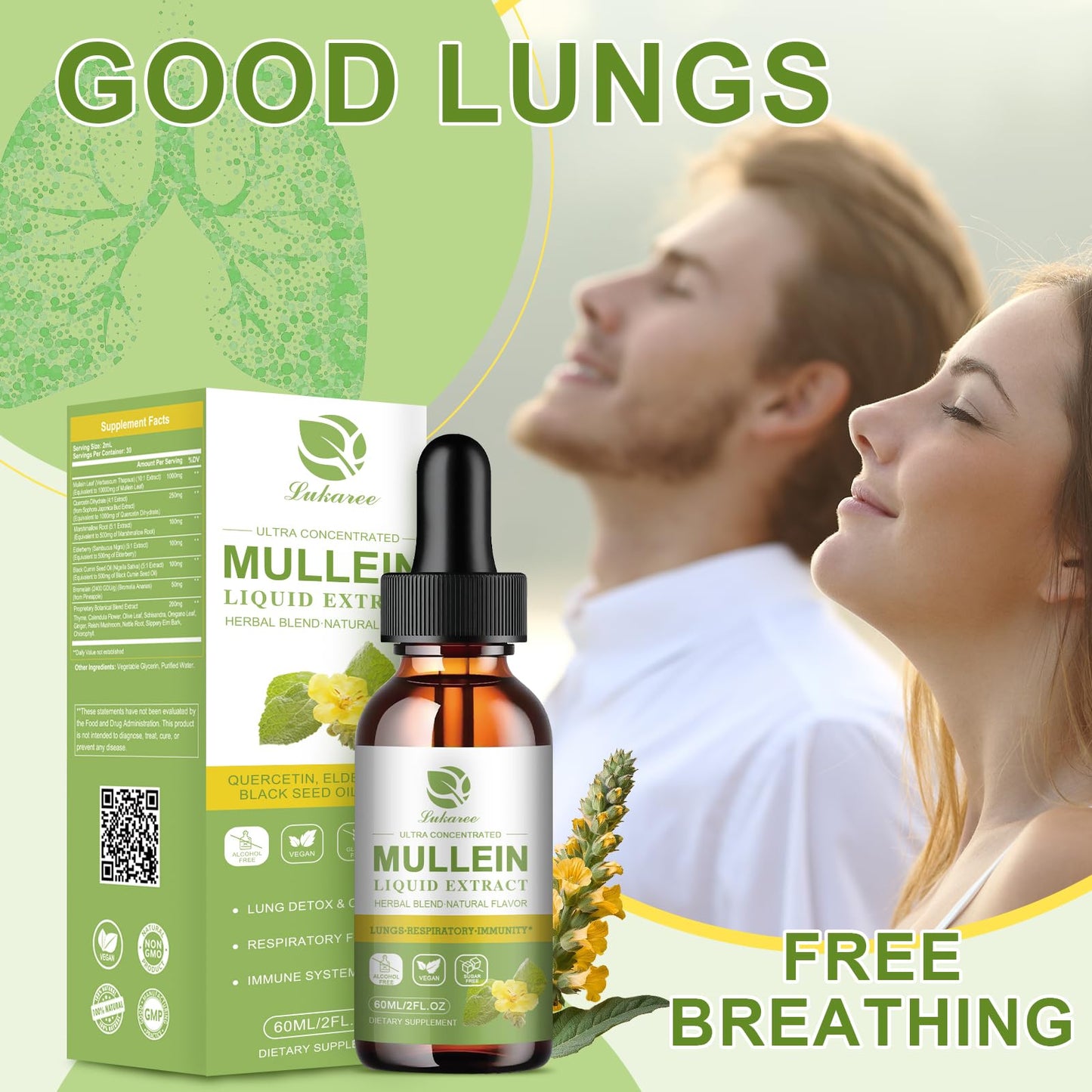 Mullein Liquid Drops for Lungs Cleanse, Vegan Mullein Leaf Extract Tincture with Quercetin, Elderberry, Black Seed Oil, Slippery Elm Bark, Chlorophyll, Support Lung Detox, Immune, Respiratory - 2 fl oz