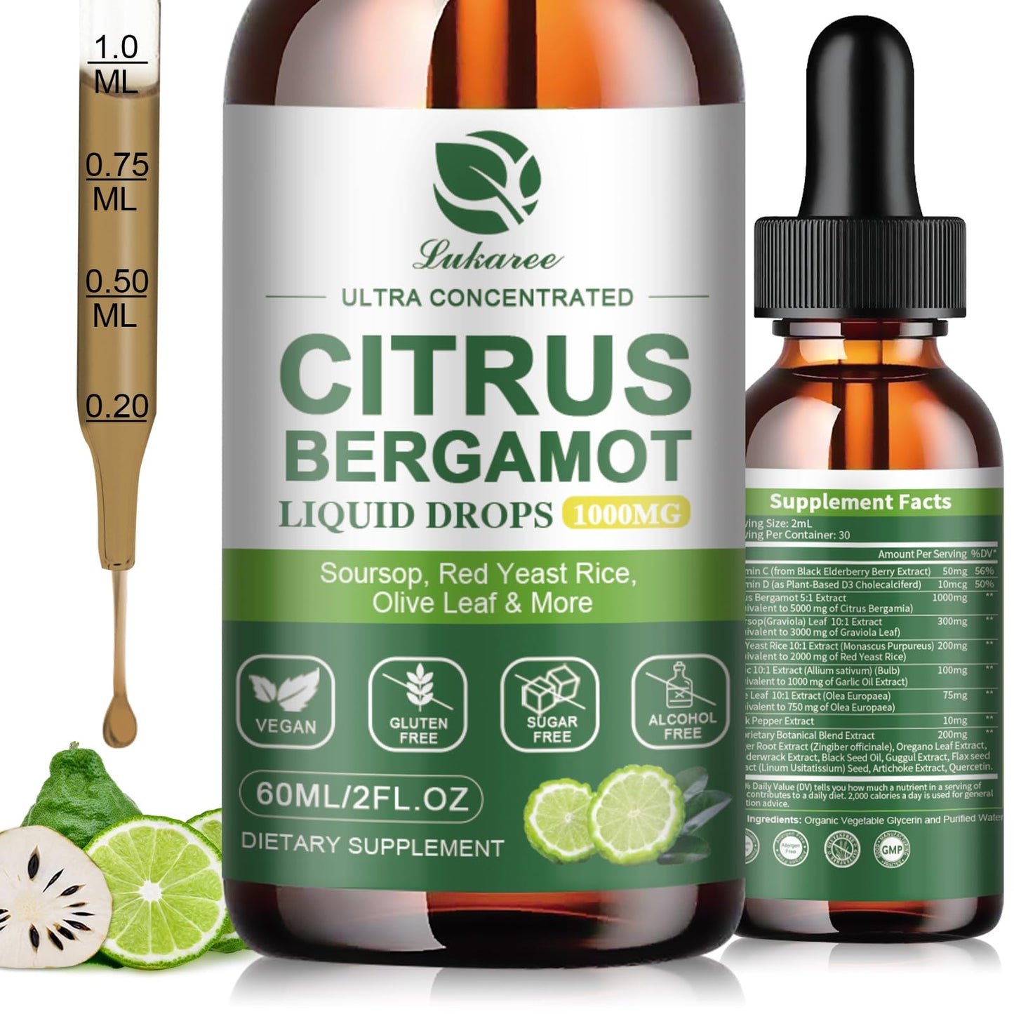 Citrus Bergamot Liquid Drops 1000 mg - Natural Supplement with Soursop, Red Yeast Rice, Garlic, Olive Leaf, Black Pepper - High Absorption - Support Overall Wellness* - Soursop Bitters Liquid, 2 Fl Oz