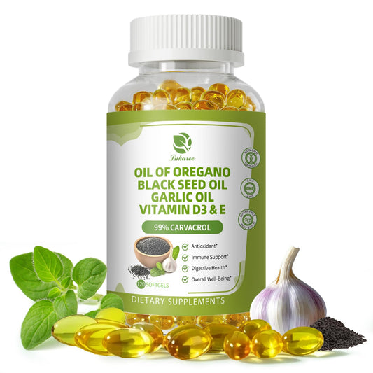 Oregano Oil Capsules Organic with Black Seed Oil, Garlic Oil, Vitamin D3 E, 99% High Concentrated Carvacrol - Antioxidant