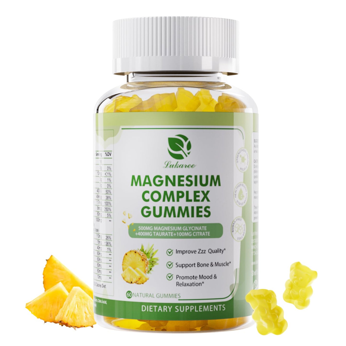 Magnesium Glycinate Gummies 500mg | as Triple Complex Magnesium Glycinate, Taurate & Citrate - Magnesium Supplement w/Calcium, Zinc & D3,K2 for Immune & Rest - 60 Count