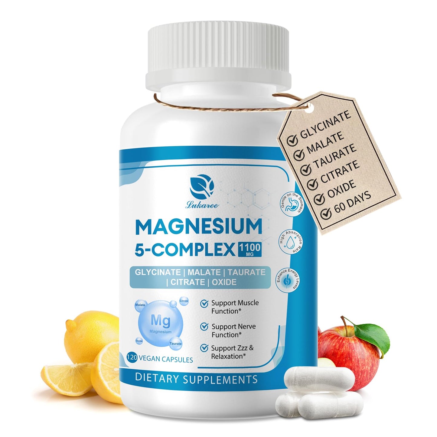 5-in-1 Magnesium Complex Supplement with Vitamins & Herbal Extracts, 60 Days Supply 1100mg with Magnesium Glycinate Citrate Malate Taurate Oxide for Calm Bone Muscle Energy Cortisol Balance, Vegan