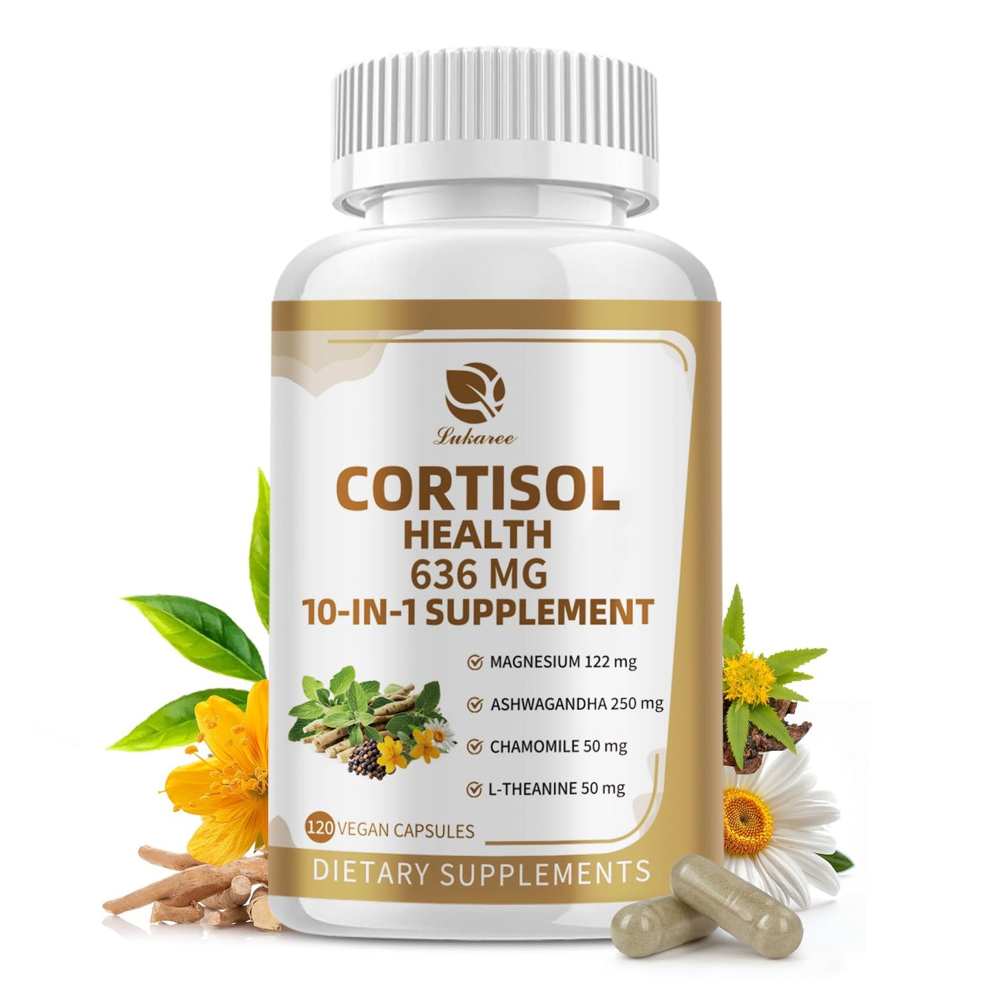 Cortisol Capsules Supplement, 10-in-1 Cortisol Reducer Detox Manager for Women & Men - Magnesium, Ashwagandha, Rhodiola, Chamomile, L-Theanine, Vitamin C & D3 - Mood, Focus, Sleep Support - 120 Vegan Capsules Visit the Lukaree Store