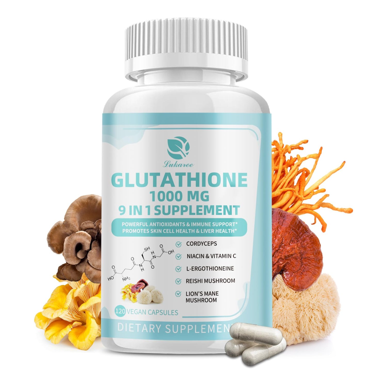 Glutathione Capsules Supplement 1,000 mg, Mushroom Supplement with Vitamin C, Niacin - Liver Detox, Immune Support and Antioxidant, Reduced L-Glutathione 120 Vegan Capsules - Non GMO