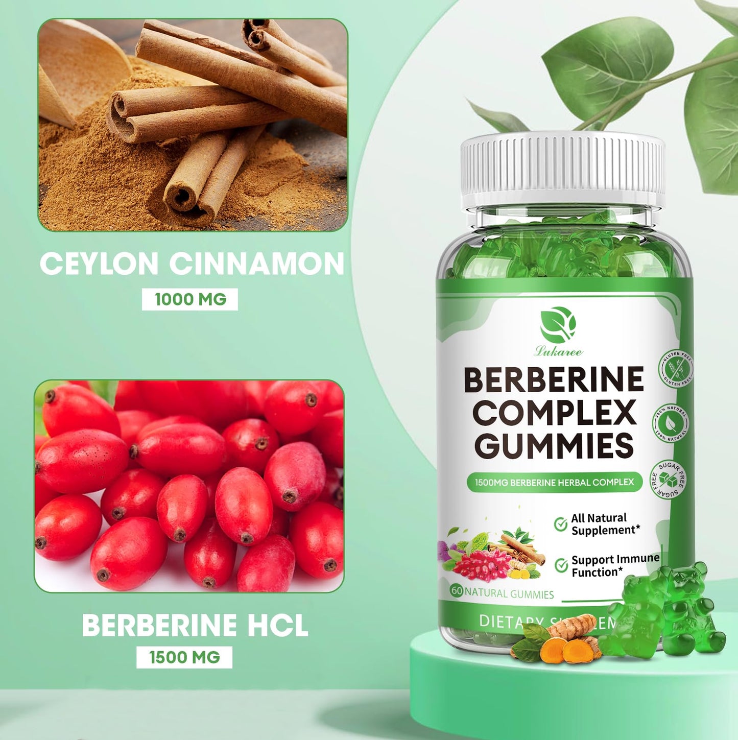 Berberine Complex Gummies- Berberine 1500mg with Ceylon Cinnamon, Turmeric, Milk Thistle Bitter Melon for Overall Immune Health -120 Counts