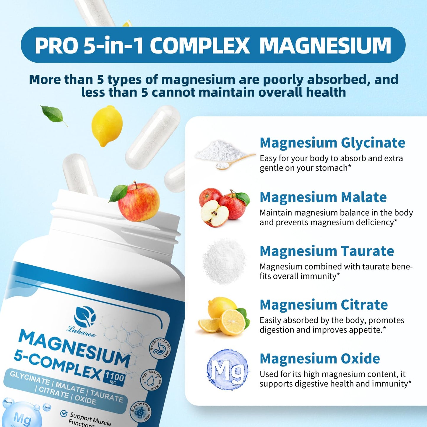 5-in-1 Magnesium Complex Supplement with Vitamins & Herbal Extracts, 60 Days Supply 1100mg with Magnesium Glycinate Citrate Malate Taurate Oxide for Calm Bone Muscle Energy Cortisol Balance, Vegan