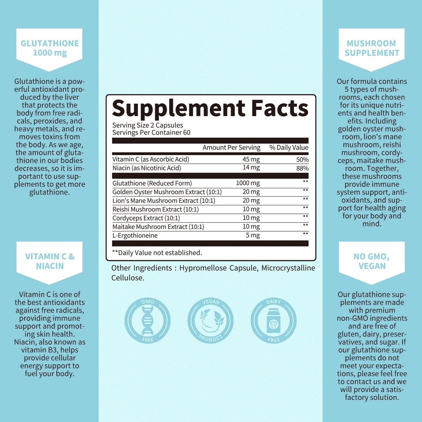 Glutathione Capsules Supplement 1,000 mg, Mushroom Supplement with Vitamin C, Niacin - Liver Detox, Immune Support and Antioxidant, Reduced L-Glutathione 120 Vegan Capsules - Non GMO