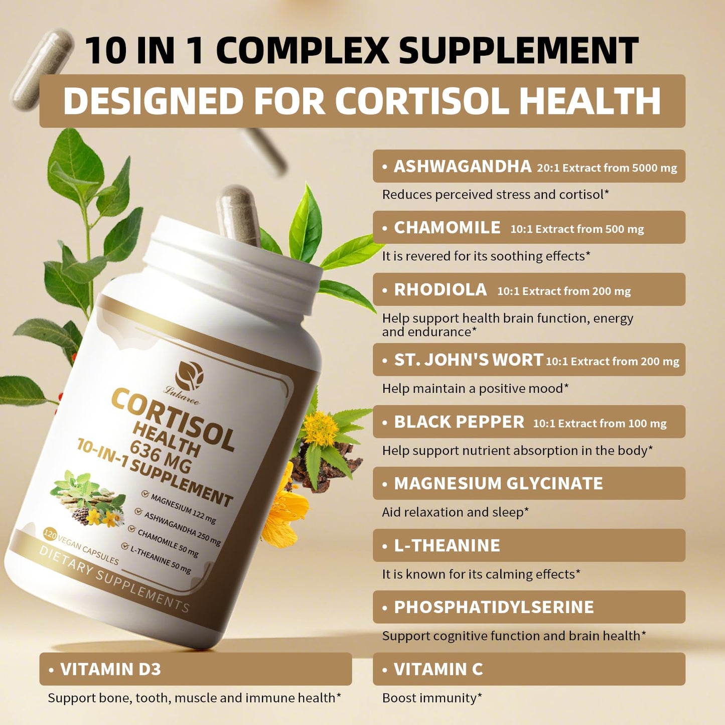 Cortisol Capsules Supplement, 10-in-1 Cortisol Reducer Detox Manager for Women & Men - Magnesium, Ashwagandha, Rhodiola, Chamomile, L-Theanine, Vitamin C & D3 - Mood, Focus, Sleep Support - 120 Vegan Capsules Visit the Lukaree Store