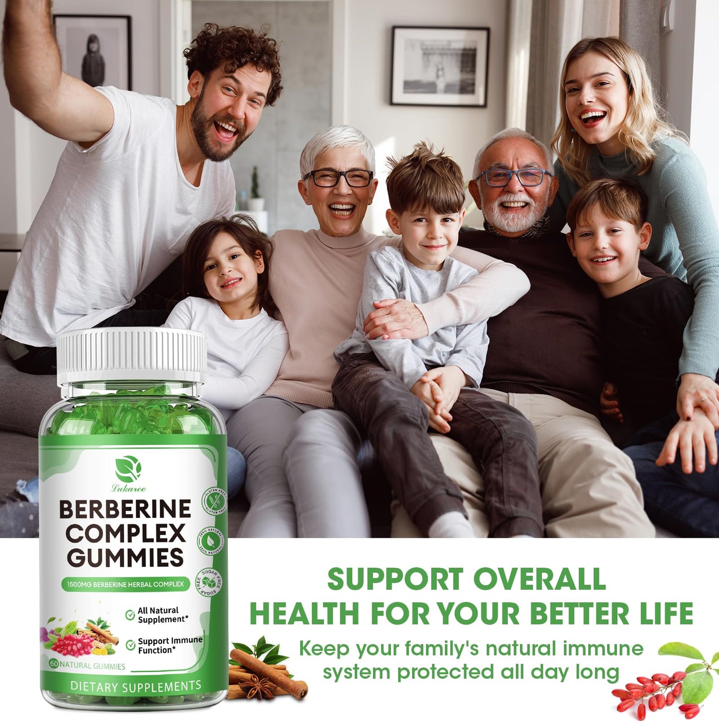 Berberine Complex Gummies- Berberine 1500mg with Ceylon Cinnamon, Turmeric, Milk Thistle Bitter Melon for Overall Immune Health -120 Counts