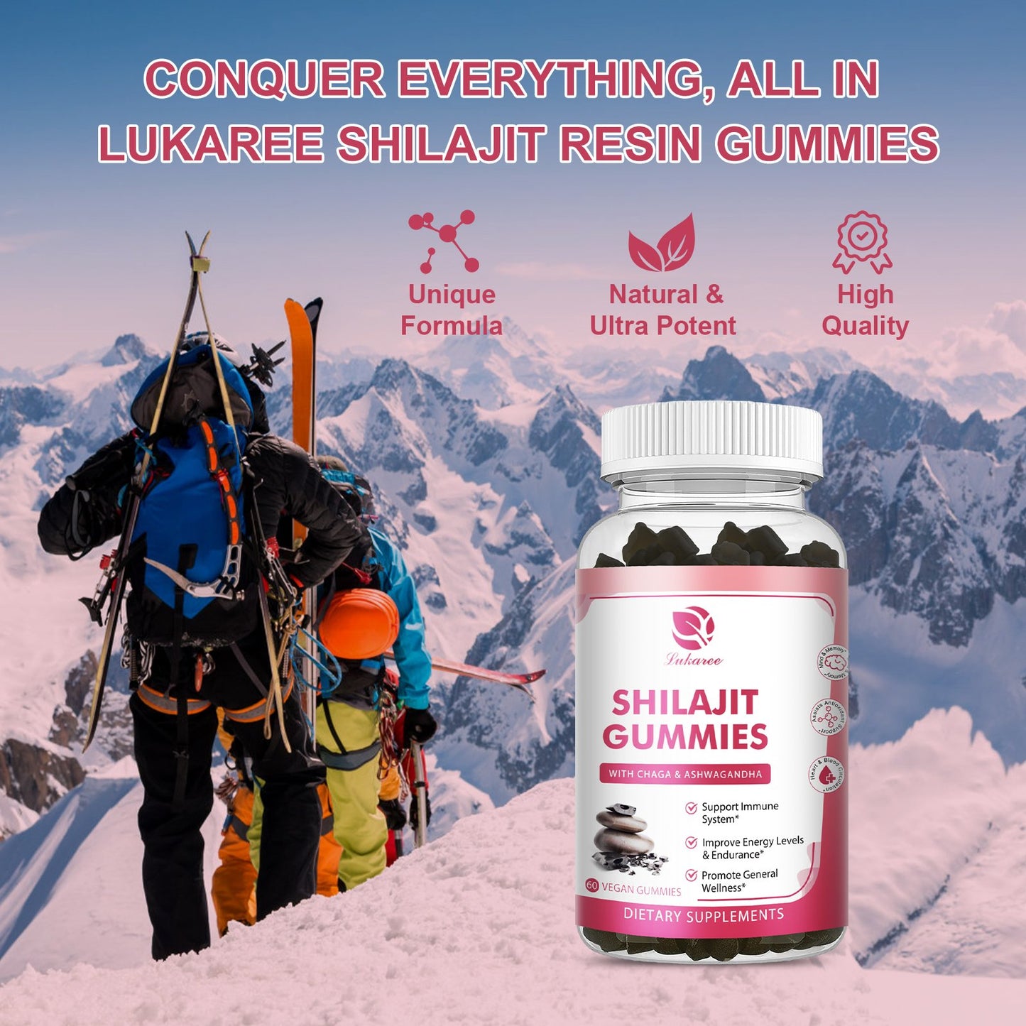 Shilajit Gummies, Pure Himalayan Shilajit with Ashwagandha, Black Seed Oil, Vitamin C D3 B12 & Zinc, Sugar Free Shilajit for Men & Women, Strawberry