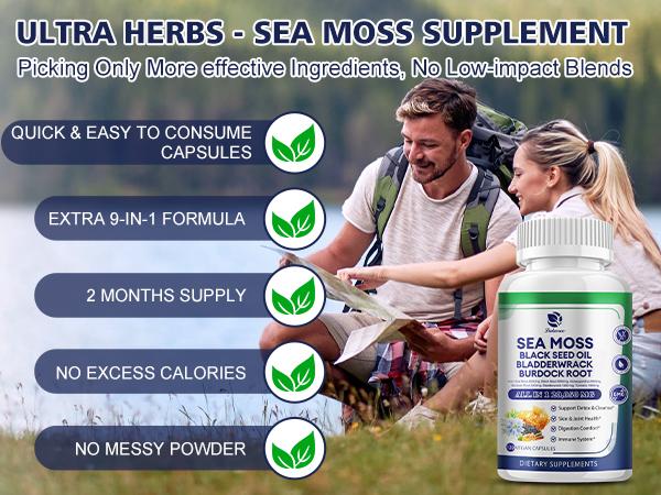 Irish Sea Moss Capsules with Black Seed Oil, Ashwagandha, Burdock Root, Bladderwrack, Ginger, Vitamin C & D3, 120 Caps