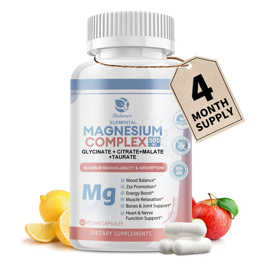 Magnesium Complex Supplement 500mg - High Absorption Chelated Magnesium Glycinate, Malate, Taurate, Citrate & Herbal Extracts - 120 Vegan Non-GMO Capsules for Balanced Wellness and Relaxation