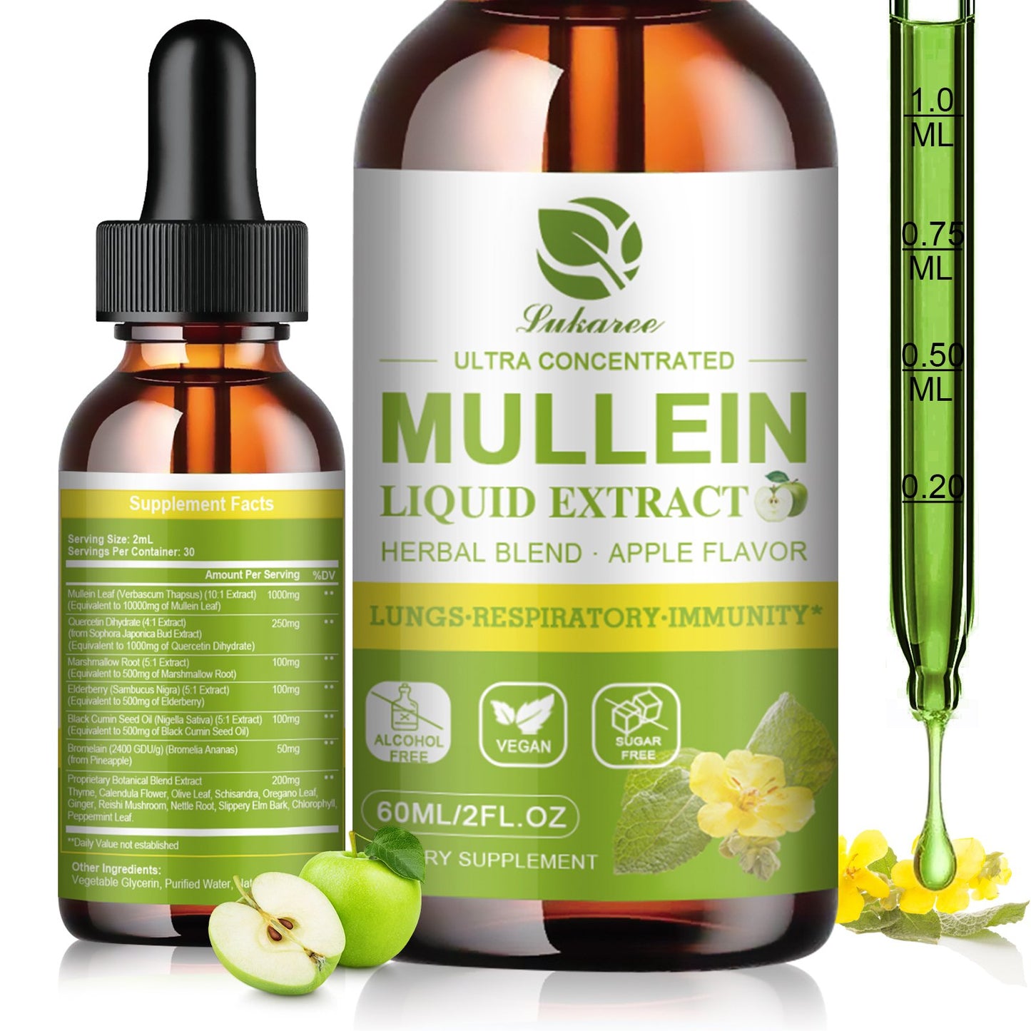 17 in 1 Mullein Drops for Lungs, Lung Detox & Cleanse, Mullein Leaf Extract Tincture with Chlorophyll, Elderberry, etc, Vegan Herbal Supplement for Immune Respiratory Apple Flavor 2 Packs