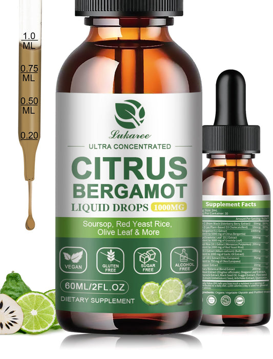 Citrus Bergamot Liquid Drops 1000 mg - Natural Supplement with Soursop, Red Yeast Rice, Garlic, Olive Leaf, Black Pepper - High Absorption - Support Overall Wellness* - Soursop Bitters Liquid, 2 Fl Oz