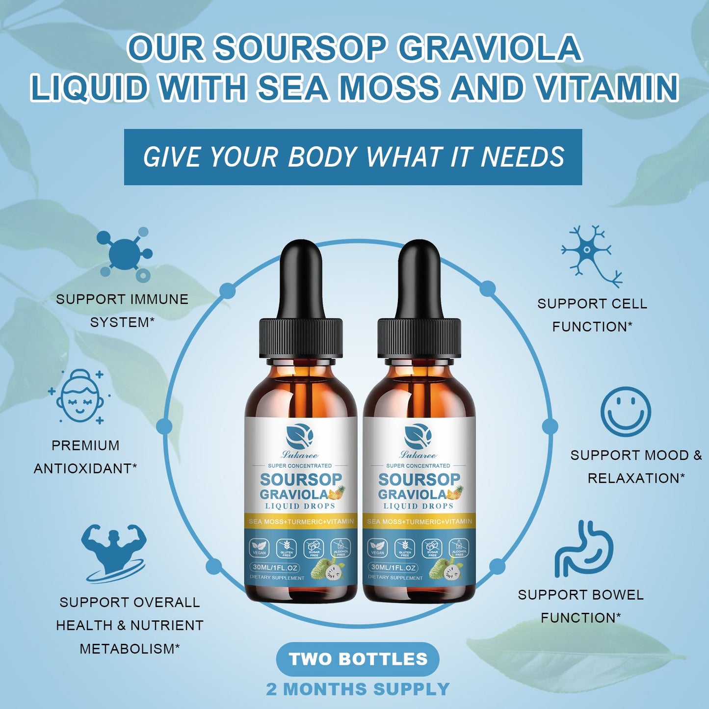 Soursop Graviola Leaf Extract Liquid Drop Plus Pure Botanical Sea Moss for for Cell Support & Regeneration, Immunity, Liver, Zzz & Antioxidant - Soursop Bitters Liquid, Pineapple Flavor, 1 Fl Oz