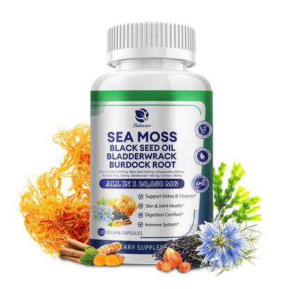 Irish Sea Moss Capsules with Black Seed Oil, Ashwagandha, Burdock Root, Bladderwrack, Ginger, Vitamin C & D3, 120 Caps