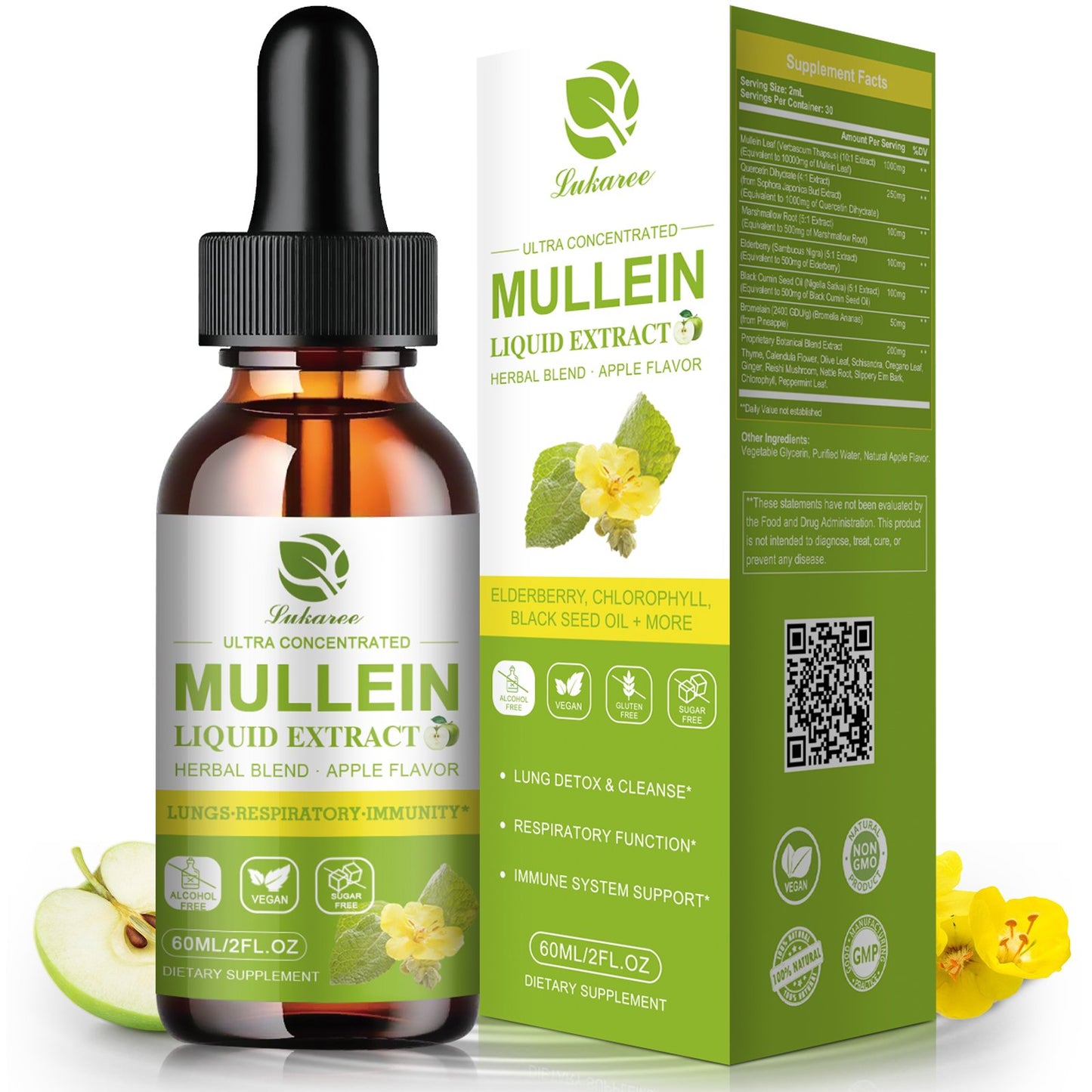 17 in 1 Mullein Drops for Lungs, Lung Detox & Cleanse, Mullein Leaf Extract Tincture with Chlorophyll, Elderberry, etc, Vegan Herbal Supplement for Immune Respiratory Apple Flavor 2 Packs