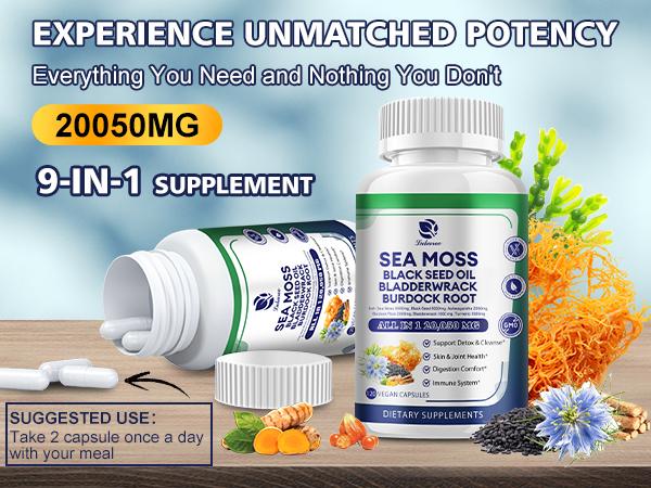 Irish Sea Moss Capsules with Black Seed Oil, Ashwagandha, Burdock Root, Bladderwrack, Ginger, Vitamin C & D3, 120 Caps