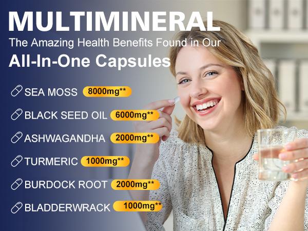 Irish Sea Moss Capsules with Black Seed Oil, Ashwagandha, Burdock Root, Bladderwrack, Ginger, Vitamin C & D3, 120 Caps