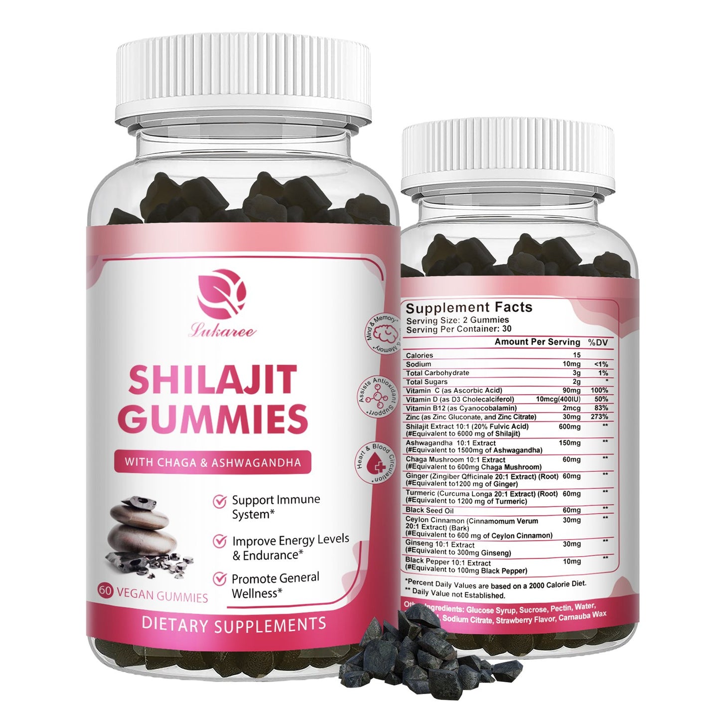 Shilajit Gummies, Pure Himalayan Shilajit with Ashwagandha, Black Seed Oil, Vitamin C D3 B12 & Zinc, Sugar Free Shilajit for Men & Women, Strawberry