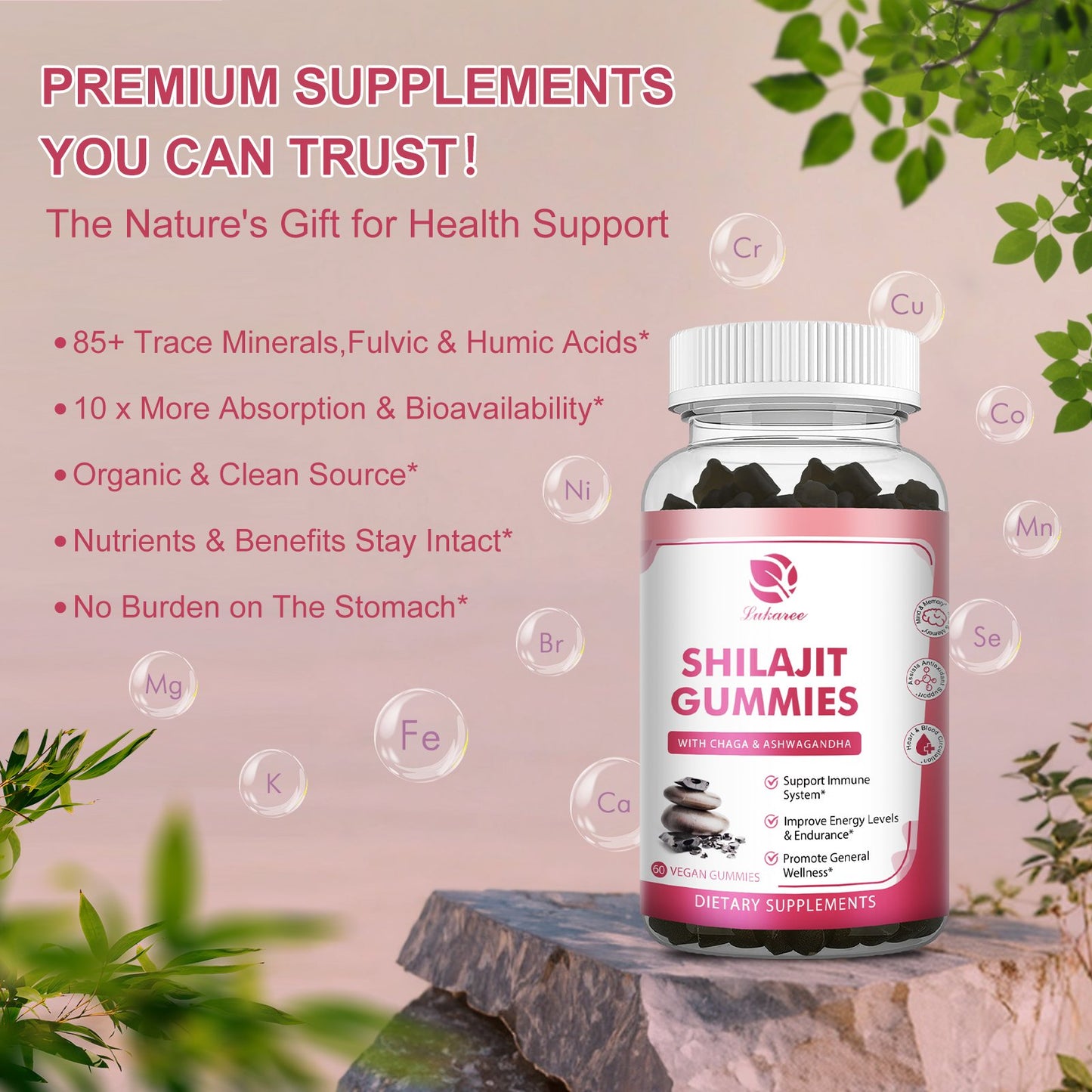 Shilajit Gummies, Pure Himalayan Shilajit with Ashwagandha, Black Seed Oil, Vitamin C D3 B12 & Zinc, Sugar Free Shilajit for Men & Women, Strawberry