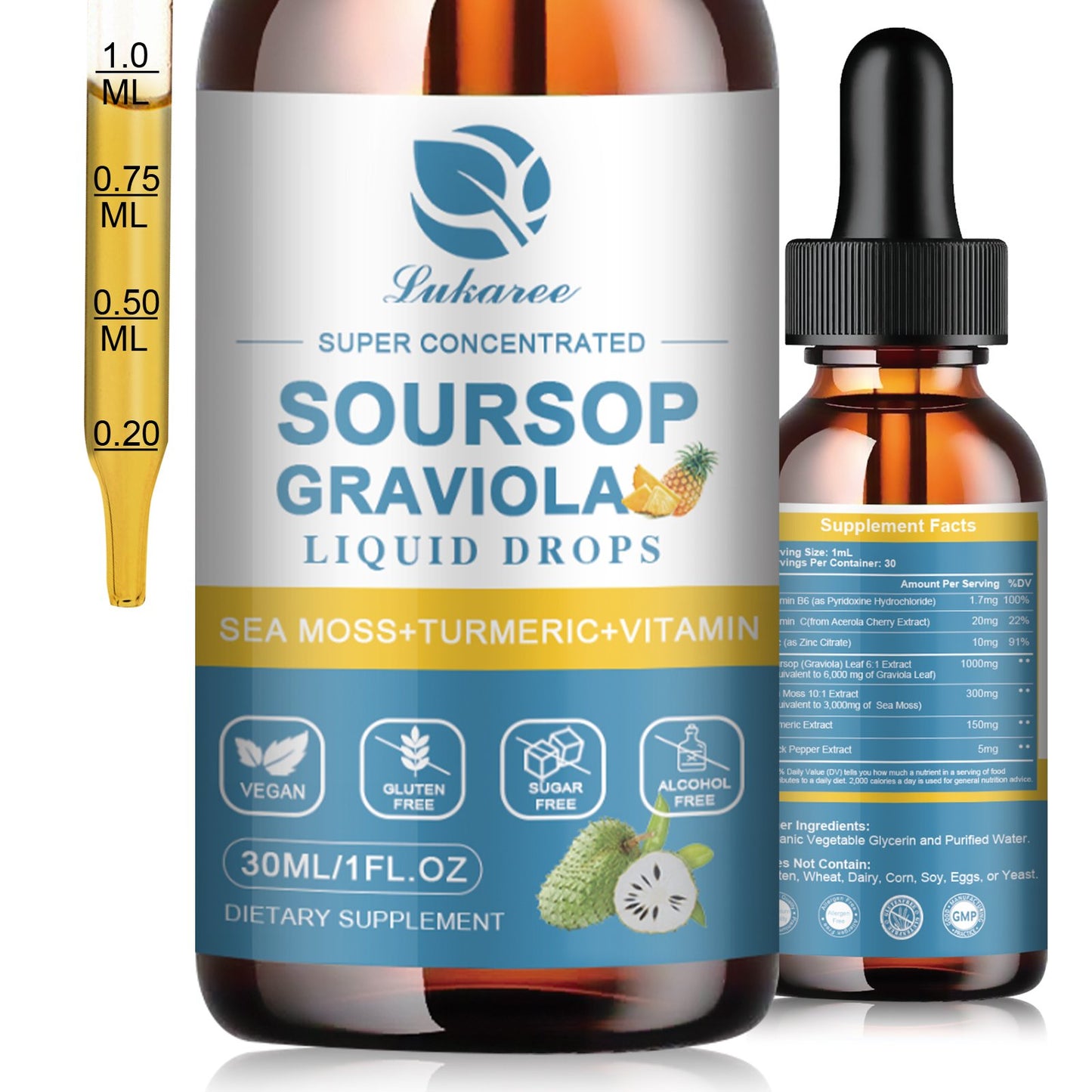 Soursop Graviola Leaf Extract Liquid Drop Plus Pure Botanical Sea Moss for for Cell Support & Regeneration, Immunity, Liver, Zzz & Antioxidant - Soursop Bitters Liquid, Pineapple Flavor, 1 Fl Oz