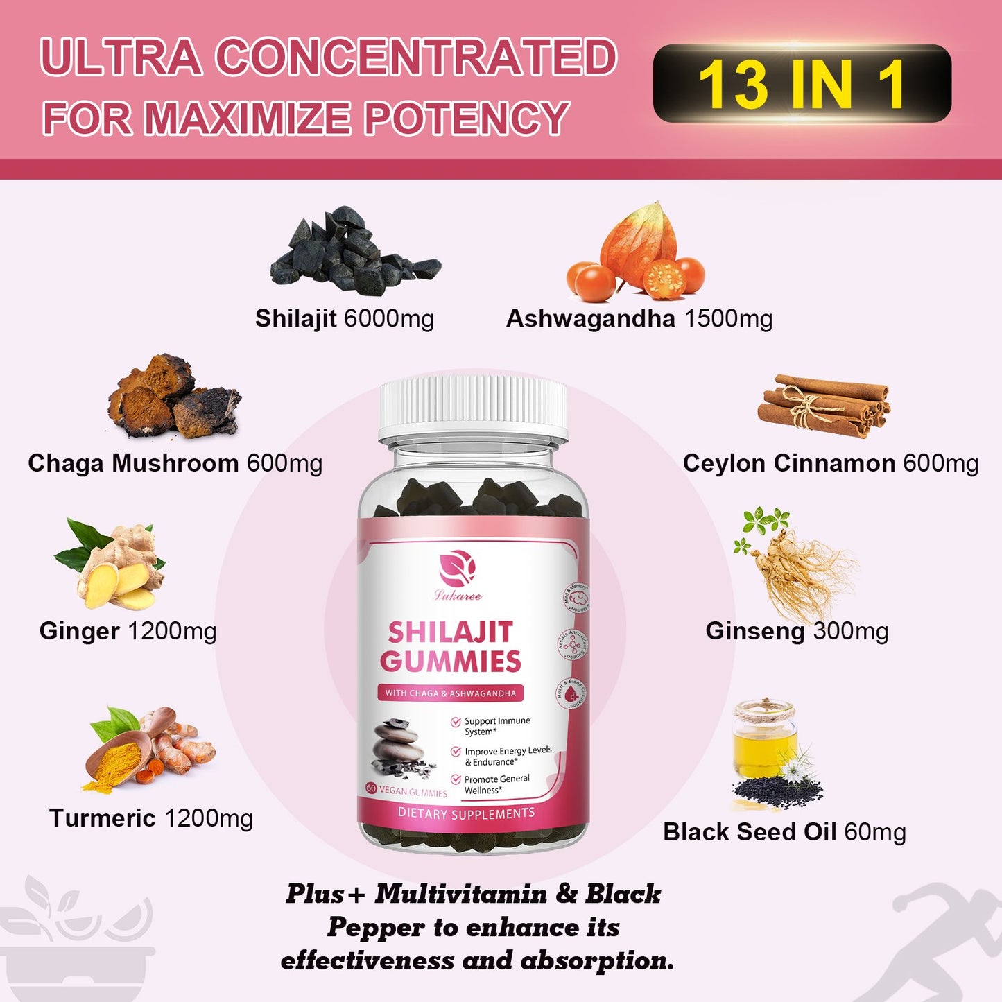 Shilajit Gummies, Pure Himalayan Shilajit with Ashwagandha, Black Seed Oil, Vitamin C D3 B12 & Zinc, Sugar Free Shilajit for Men & Women, Strawberry