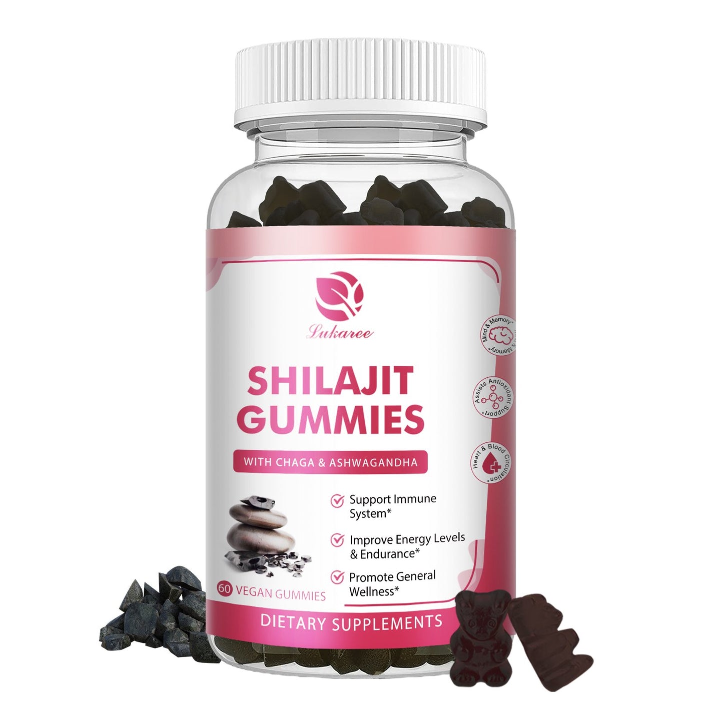 Shilajit Gummies, Pure Himalayan Shilajit with Ashwagandha, Black Seed Oil, Vitamin C D3 B12 & Zinc, Sugar Free Shilajit for Men & Women, Strawberry