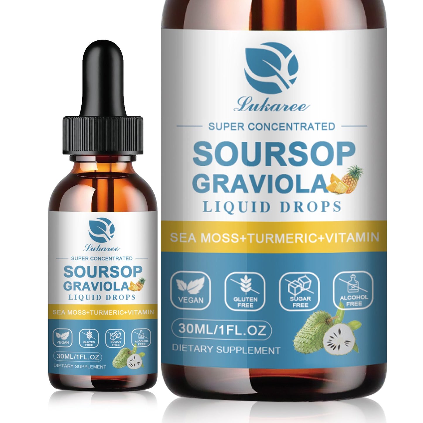 Soursop Graviola Leaf Extract Liquid Drop Plus Pure Botanical Sea Moss for for Cell Support & Regeneration, Immunity, Liver, Zzz & Antioxidant - Soursop Bitters Liquid, Pineapple Flavor, 1 Fl Oz